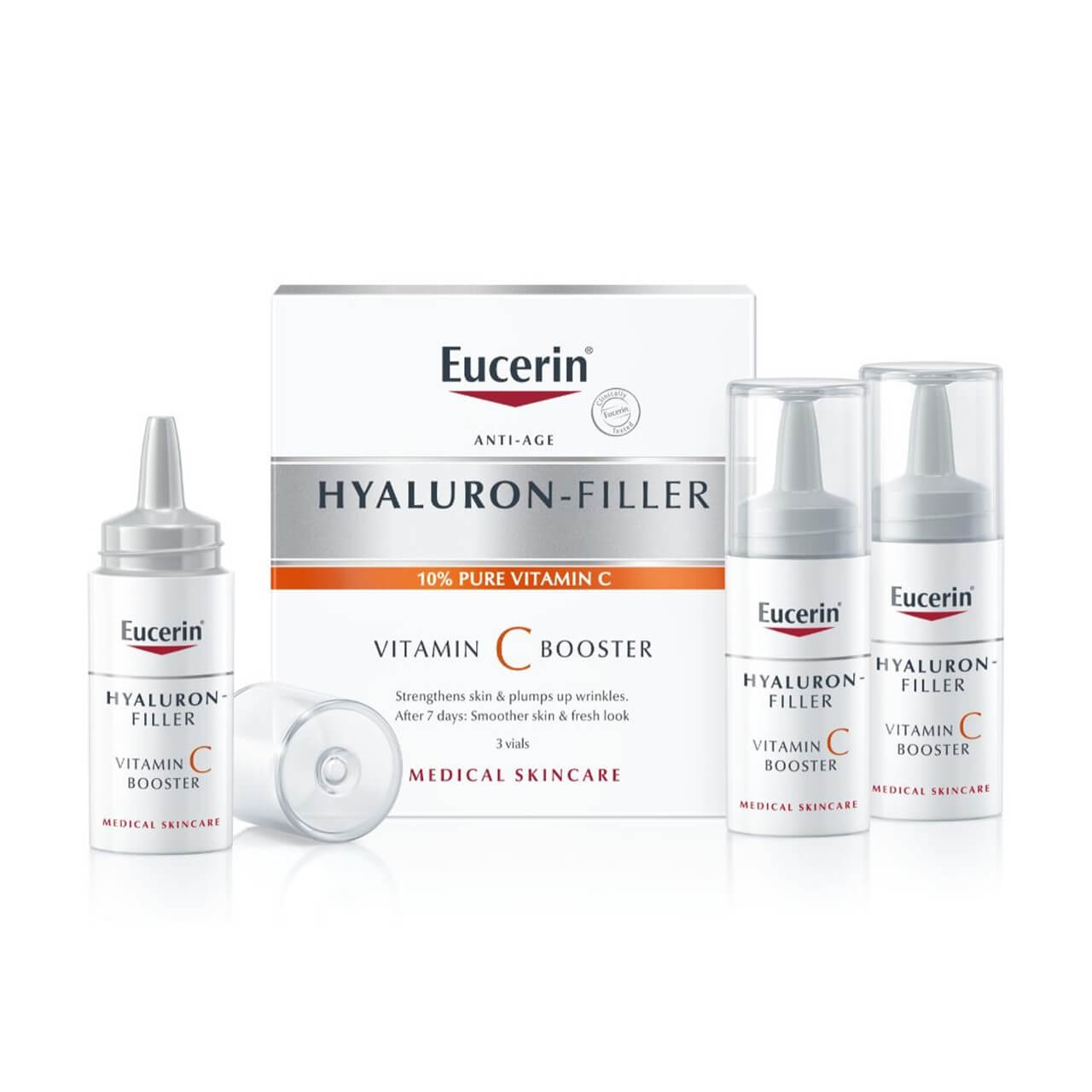 Eucerin Hyaluron-Filler Vitamin C Booster is an anti-aging serum for all skin types enriched with 10% pure vitamin C.